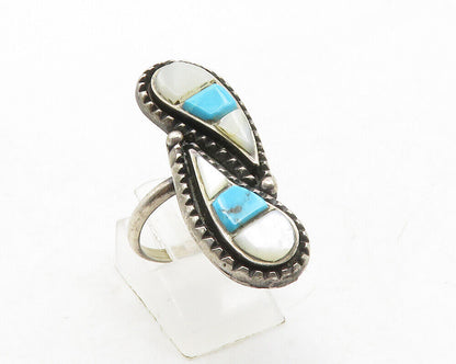 ZUNI 925 Silver - Vintage Mother Of Pearl & Blue Turquoise Ring Sz 9 - RG13131