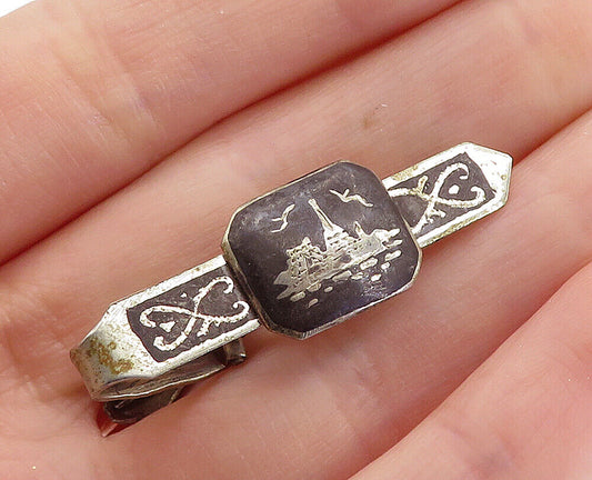 SIAM 925 Sterling Silver - Vintage Petite Niello Art Scene Tie Clip - TR1234