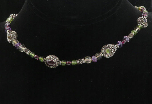 925 Sterling Silver - Vintage Amethyst Peridot & Garnet Beaded Necklace - NE1736