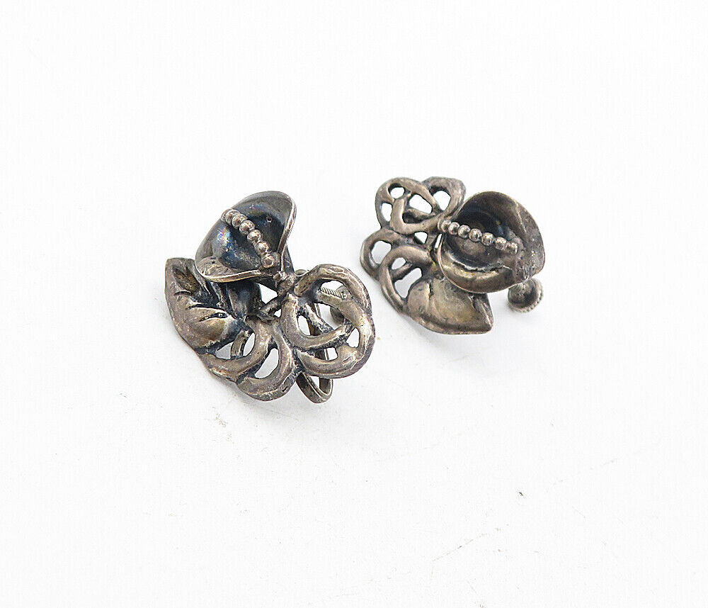 925 Sterling Silver - Vintage Dark Tone Floral Leaf Non Pierce Earrings - EG4048