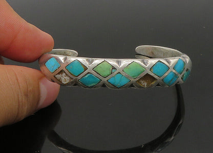 ZUNI NAVAJO 925 Sterling Silver - Vintage Turquoise Cuff Bracelet - BT8876