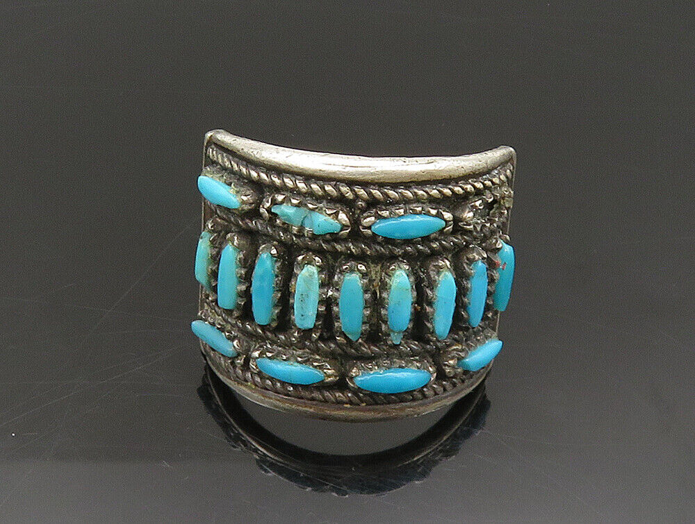 ZUNI NAVAJO 925 Silver - Vintage Needlepoint Turquoise Ring Sz 9.5 - RG24296