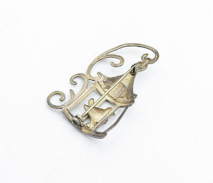 LANG 925 Sterling Silver - Vintage Bird In Cage Swirl Detail Brooch Pin - BP2360