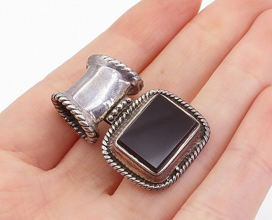 925 Sterling Silver - Vintage Black Onyx Twist Border Slide Pendant - PT5330