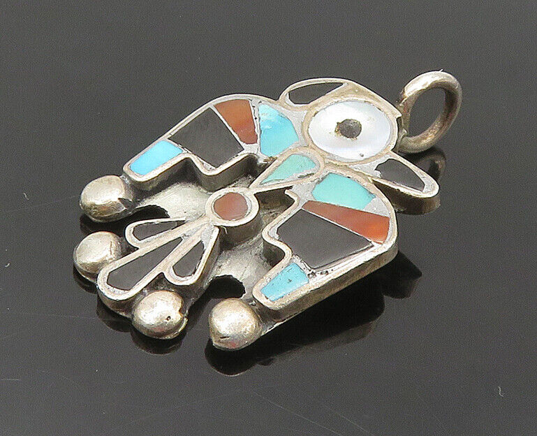 ZUNI 925 Silver - Vintage Turquoise Onyx & Multi-Stone Phoenix Pendant - PT16830