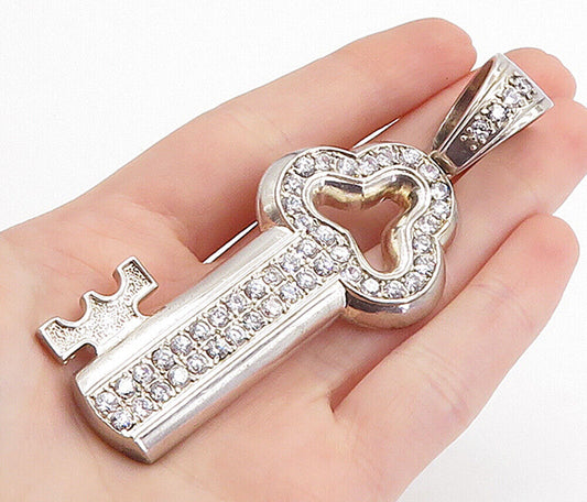 925 Sterling Silver - Vintage Cubic Zirconia Large Key Motif Pendant - PT5647