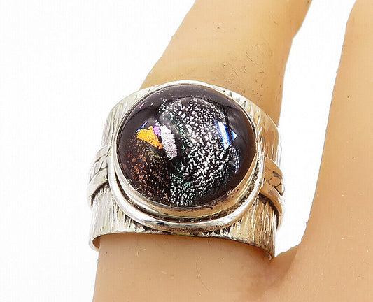 925 Sterling Silver - Dichroic Glass Art Textured Cocktail Ring Sz 9 - RG7873