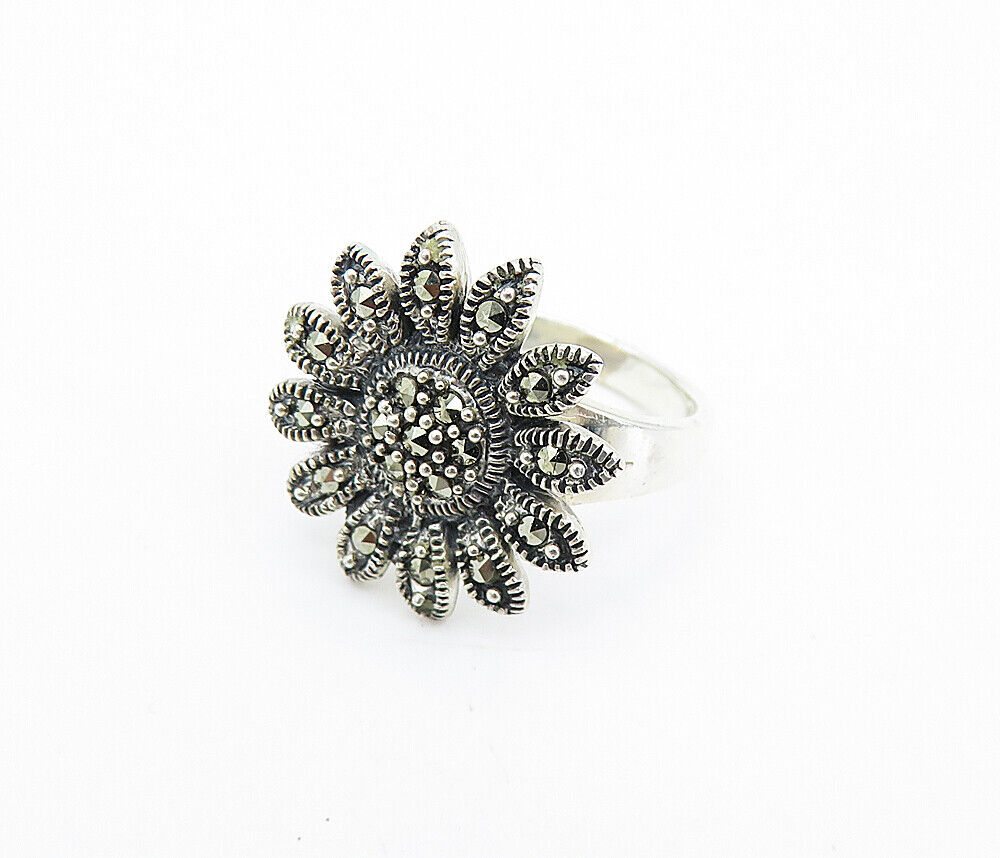 925 Sterling Silver - Marcasite Decorated Flower Cocktail Ring Sz 6 - RG7932