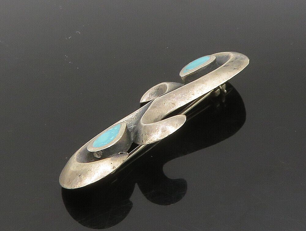 ZUNI NAVAJO 925 Silver - Vintage Inlay Turquoise Eye Motif Brooch Pin - BP9465