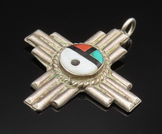 ZUNI NAVAJO 925 Silver - Vintage Fluted Cross Mother Of Pearl Pendant - PT20512