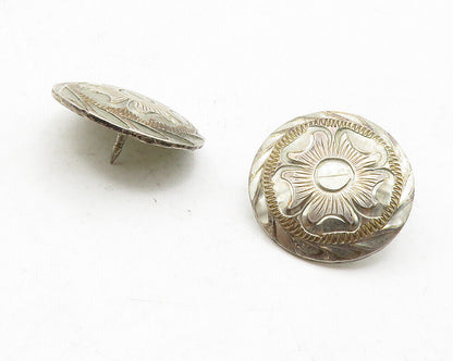 HOBBY HORSE 925 Silver - Vintage 2 Pcs Flower Etched Round Pins - TR1977