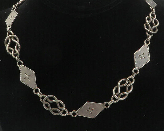 925 Sterling Silver - Vintage Floral Diamond Shape Link Chain Necklace - NE1675