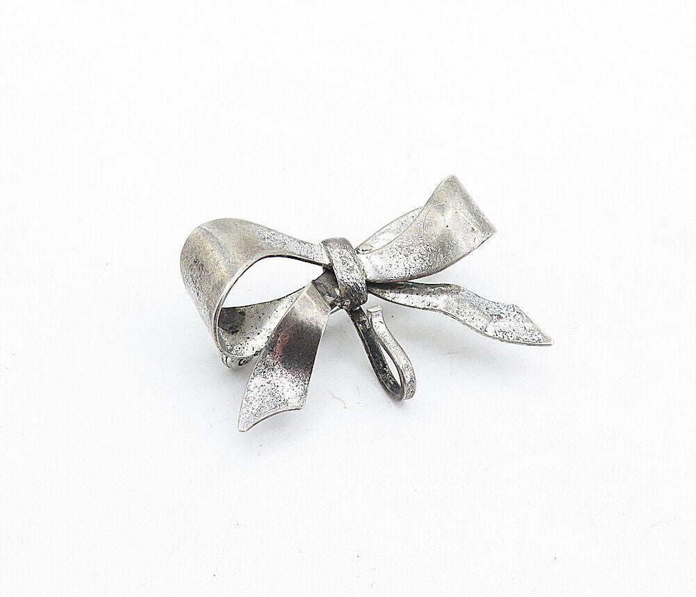 CARL ART 925 Silver - Vintage Dark Tone Bow Tied Ribbon Brooch Pin - BP2113