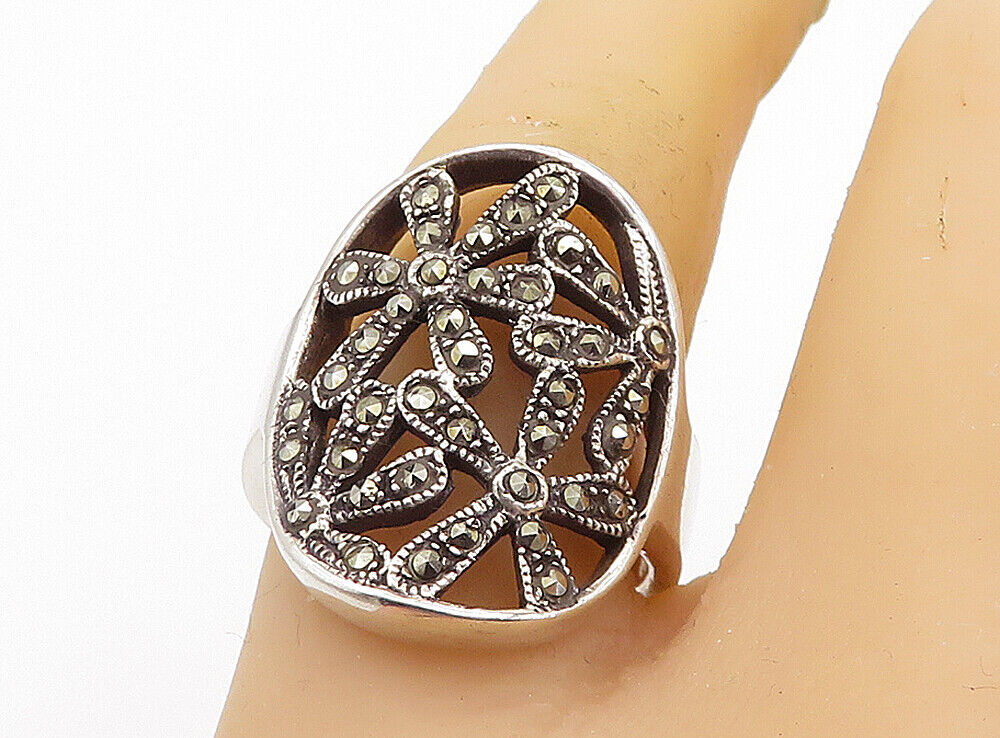 925 Sterling Silver - Marcasite Open Retro Flowers Cocktail Ring Sz 7.5 - RG8323