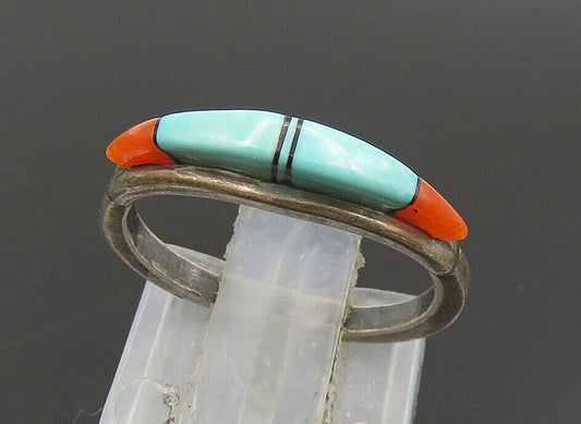 ZUNI NAVAJO 925 Silver - Vintage Coral & Turquoise Band Ring Sz 4.5 - RG24128