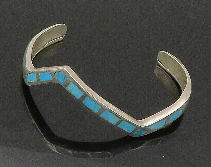 ZUNI NAVAJO 925 Sterling Silver - Vintage Turquoise Cuff Bracelet - BT8797