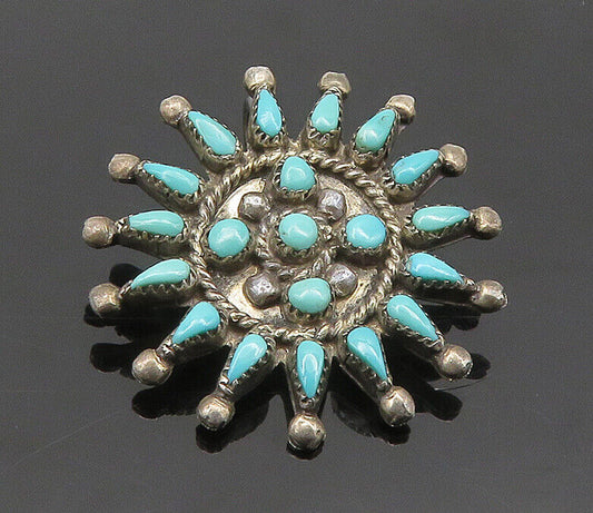 ZUNI NAVAJO 925 Sterling Silver - Vintage Turquoise Floral Brooch Pin - BP8152