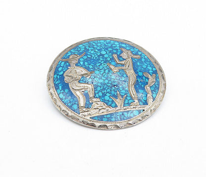 MEXICO 925 Silver - Vintage Turquoise Men Playing Music Brooch Pin - BP2613