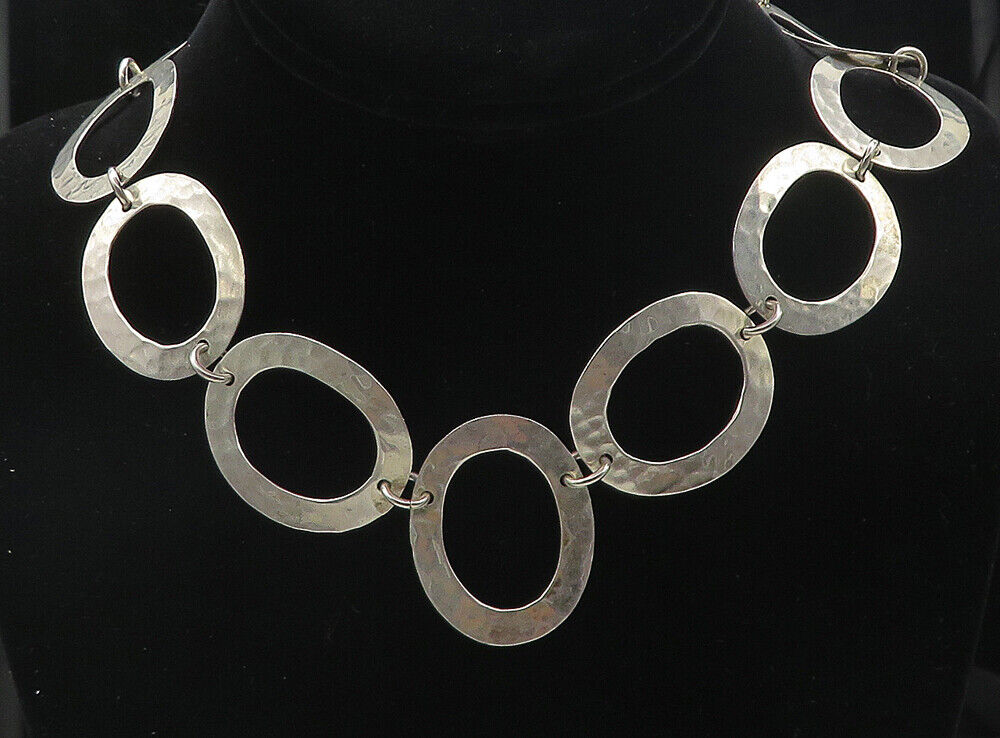 ATI MEXICO 925 Silver - Vintage Hammered Open Circle Chain Necklace - NE1415