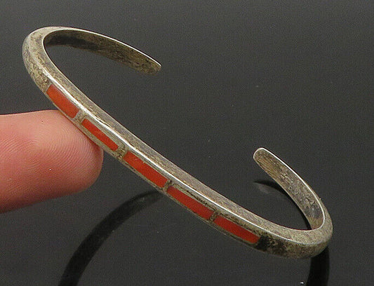 ZUNI NAVAJO 925 Sterling Silver - Vintage Inlaid Coral Cuff Bracelet - BT8798