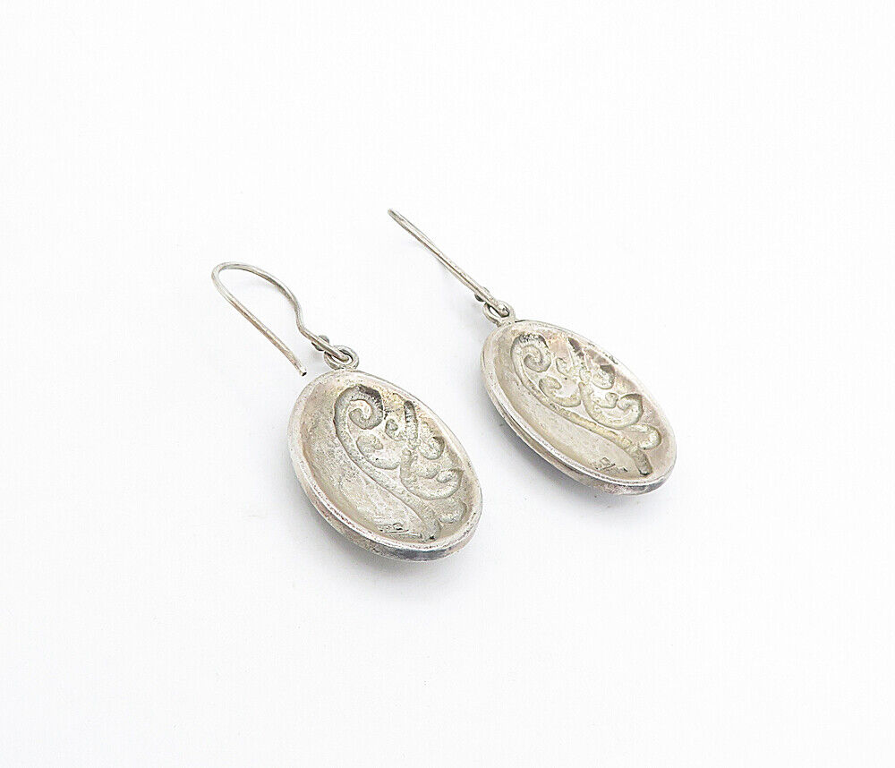 925 Sterling Silver - Vintage Dark Tone Swirl Dome Oval Dangle Earrings - EG3596