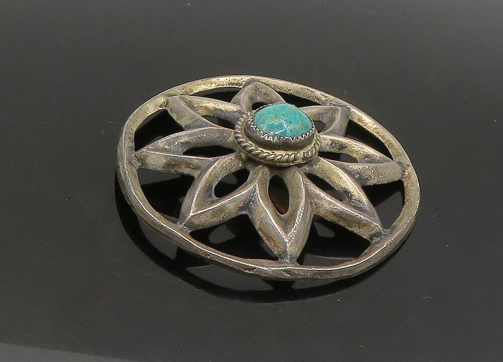 ZUNI NAVAJO 925 Silver - Vintage Turquoise Flower Motif Belt Buckle - TR3210