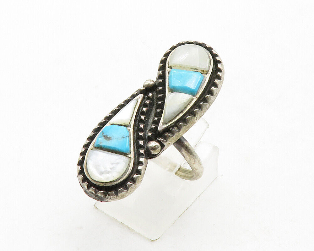 ZUNI 925 Silver - Vintage Mother Of Pearl & Blue Turquoise Ring Sz 9 - RG13131