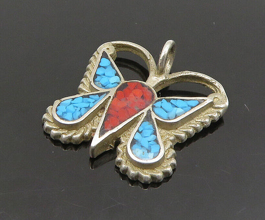 ZUNI NAVAJO 925 Silver - Vintage Turquoise & Coral Butterfly Pendant - PT17788