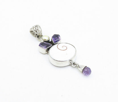 925 Sterling Silver - Vintage Shiva Eye Shell Amethyst & Pearl Pendant - PT3104