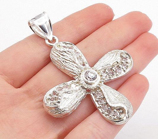 925 Sterling Silver - Vintage Cubic Zirconia Shiny Etched Cross Pendant - PT3871